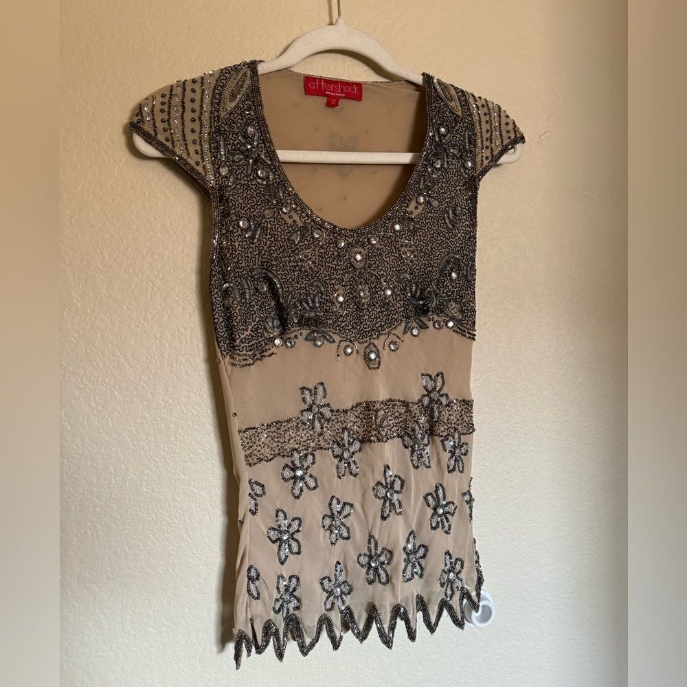 Vintage 90s does 20s Beaded Silk Embroidered Blouse Sz S Cap Sleeve‎